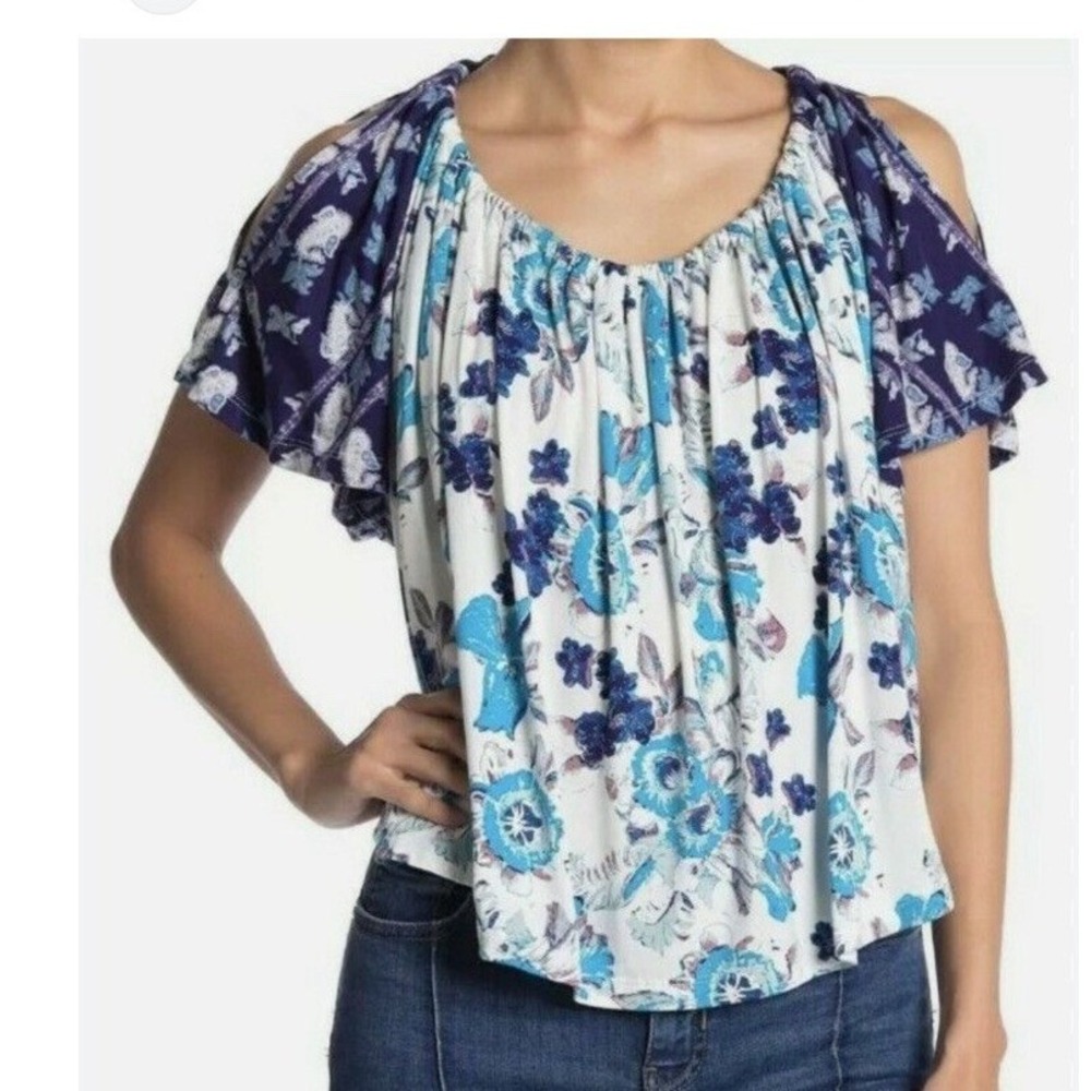 Free People Boho Flutter Sleeve Top Open Back Festival Size XS Blue Floral‎